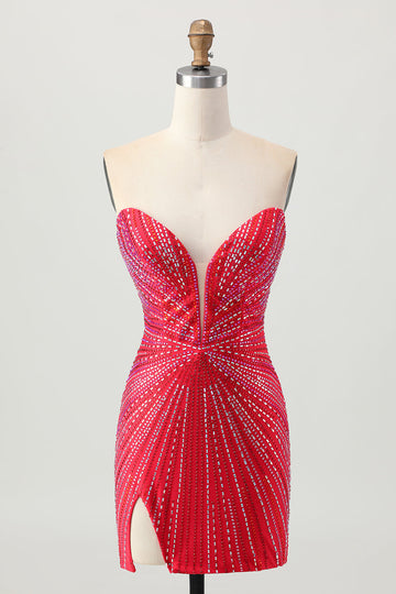 Sparkly Red Beaded Short Tight Cocktail Dress with Slit